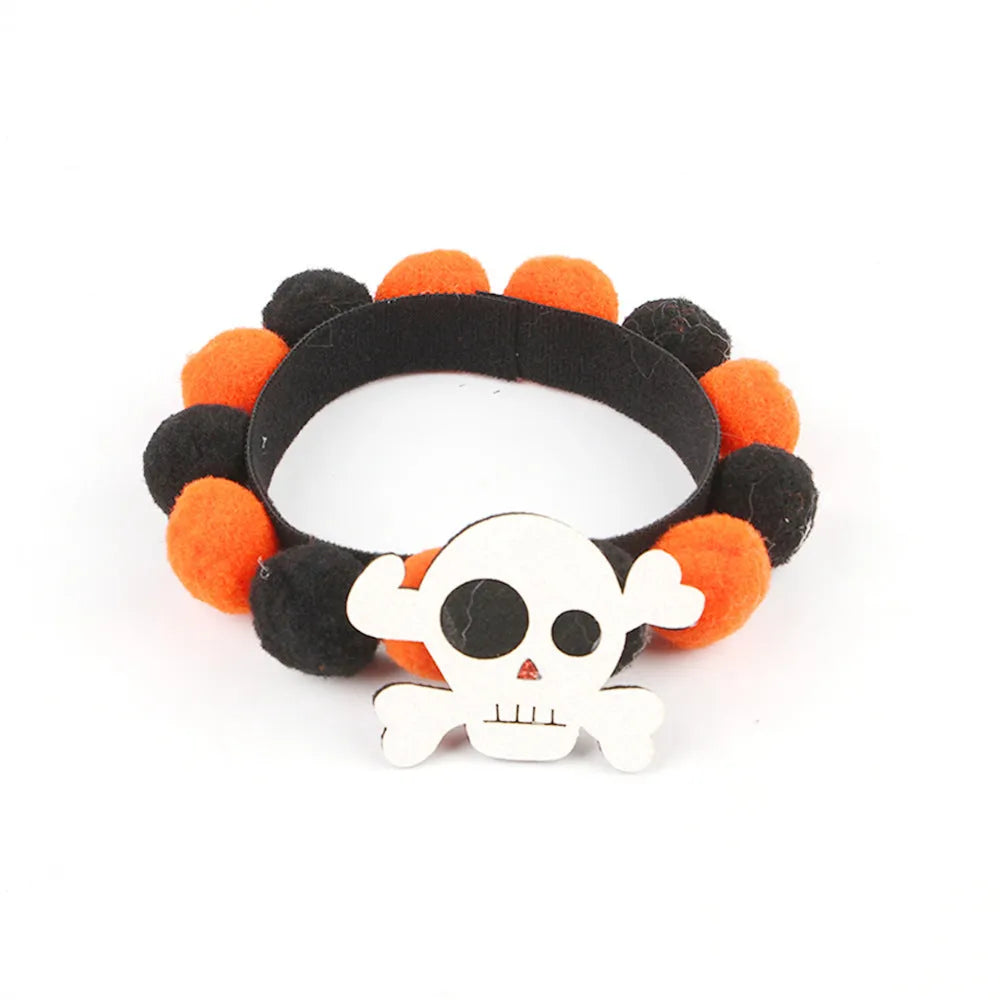Halloween pet collar with fur ball decorations in various Halloween designs for dogs and cats