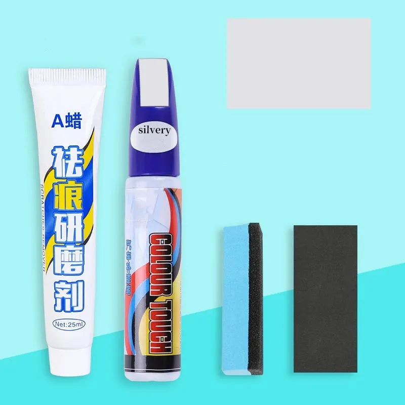 Automotive paint repair pen kit with touch-up paint, rubbing compound, sponge applicator, and sandpaper for car scratch repair