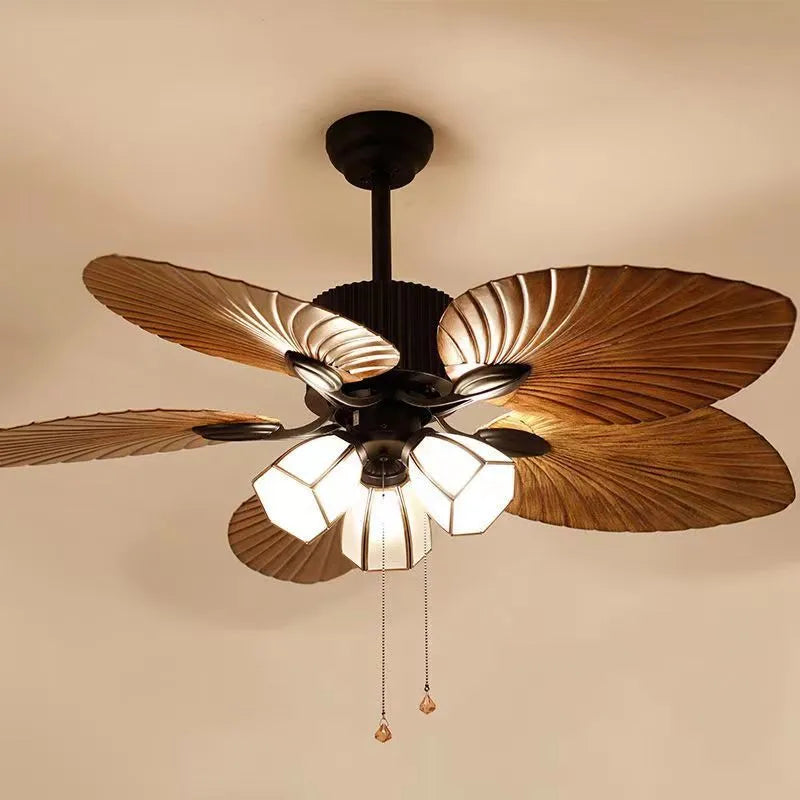 52-inch retro-style ceiling fan light with wooden blades and integrated lighting fixtures