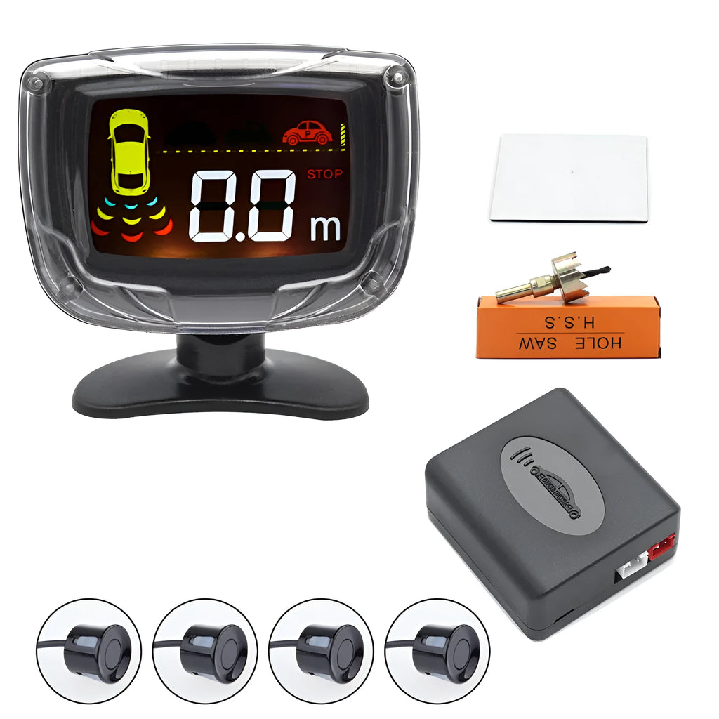 Wireless vehicle reversing sensor kit with main unit, four black probes, LED display, and installation tools.