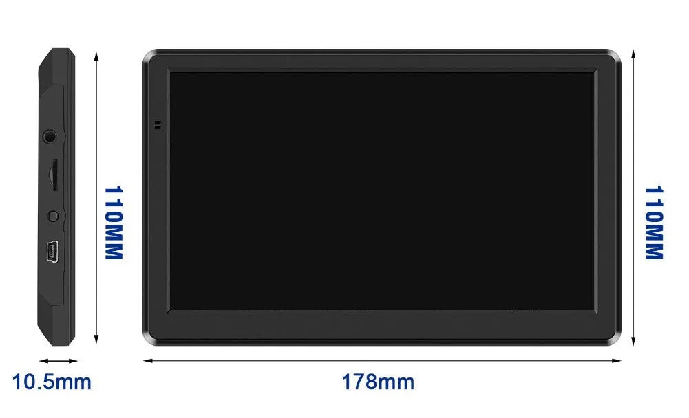 A 7-inch portable car GPS navigation device showing a map on its HD screen, with a car charger and mounting bracket.