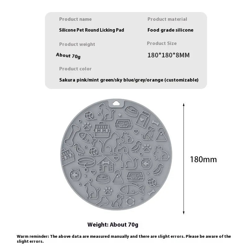 Round silicone pet licking mat in mintcream colour with textured surface and non-slip base