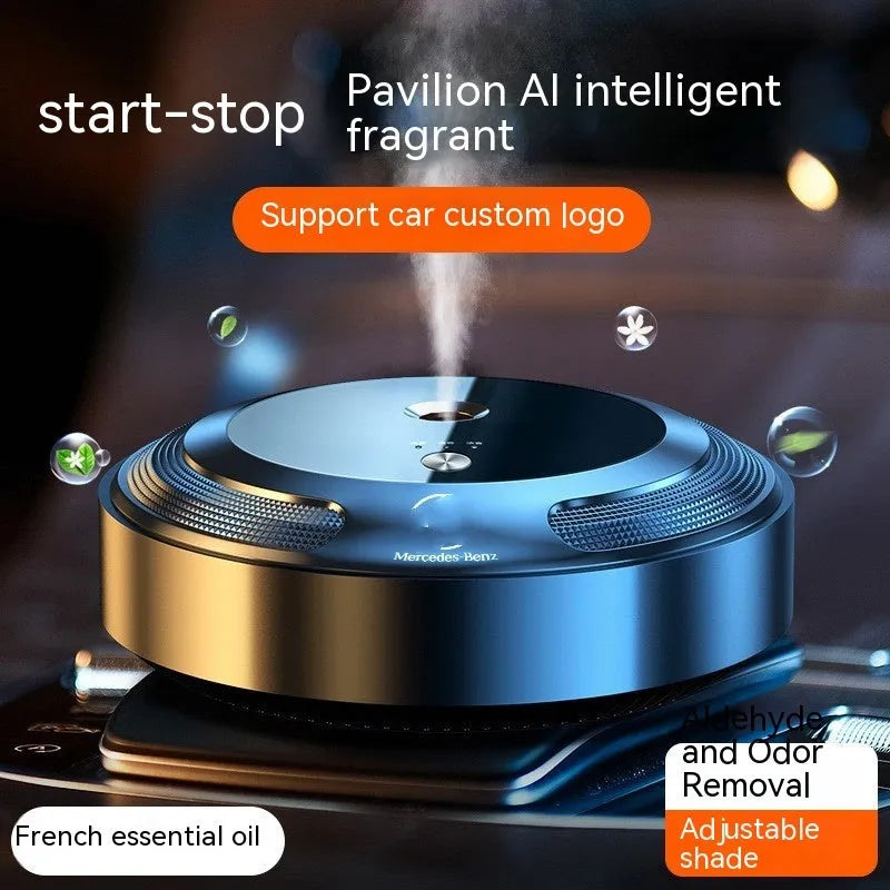 Car air freshener diffuser with automatic spray function in zinc alloy housing with vehicle logo design