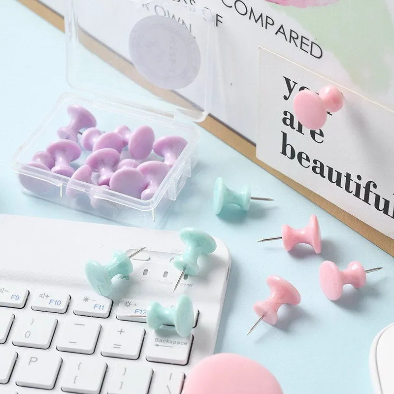Box of colourful plastic push pins in cherry blossom pink, mint green and lavender macaron colours