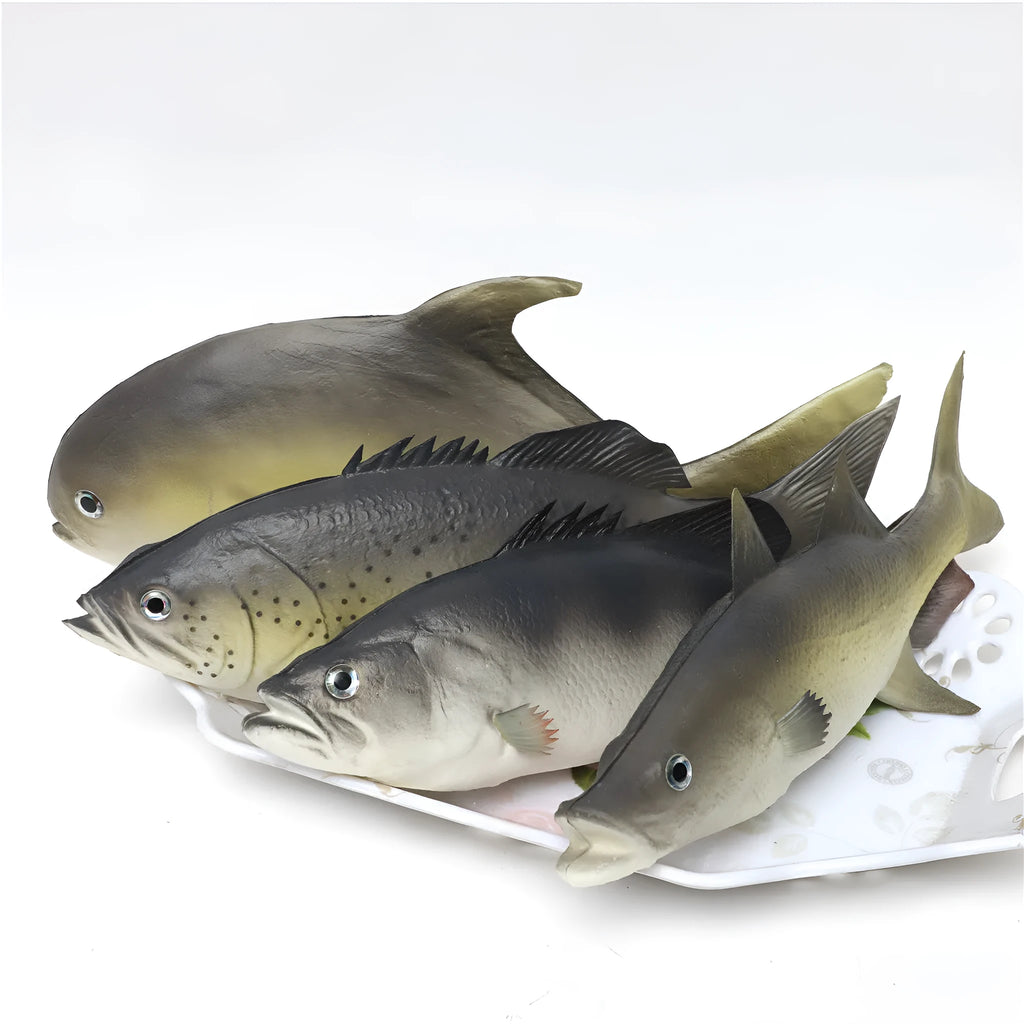PU simulated fish ornament set showing yellow-fin tuna, small tuna, and yellow croaker ocean animal models