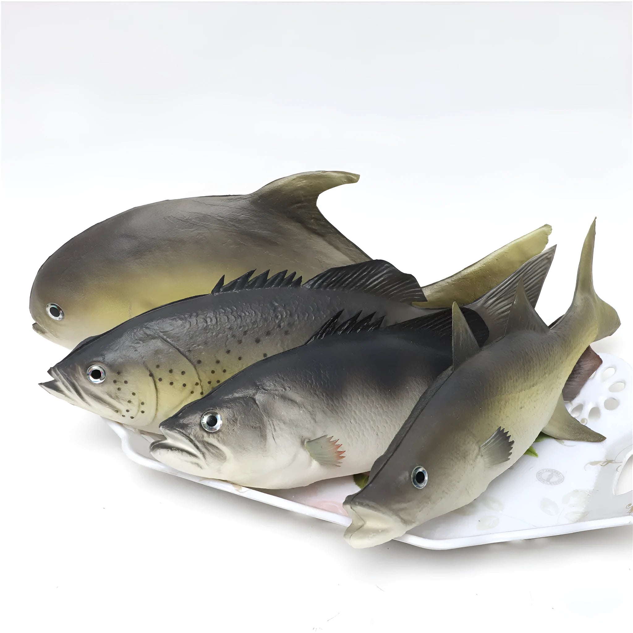 PU simulated fish ornament set showing yellow-fin tuna, small tuna, and yellow croaker ocean animal models