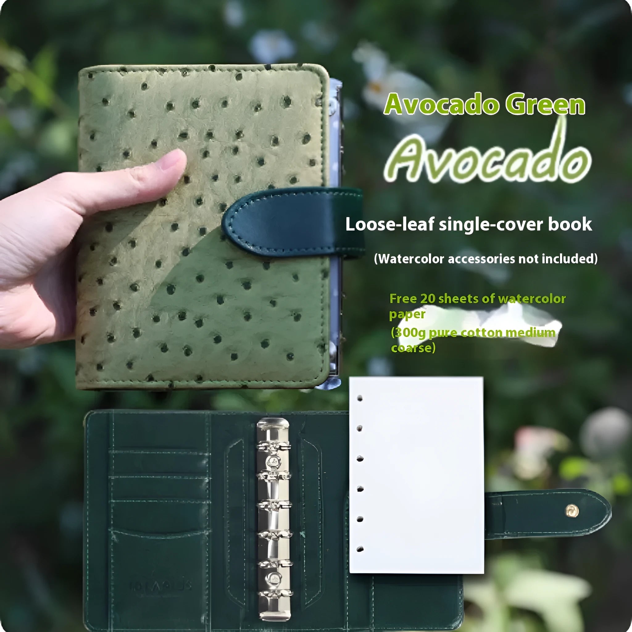 A7 format hardback loose-leaf watercolour sketchbook with brass binding screws in avocado green colour