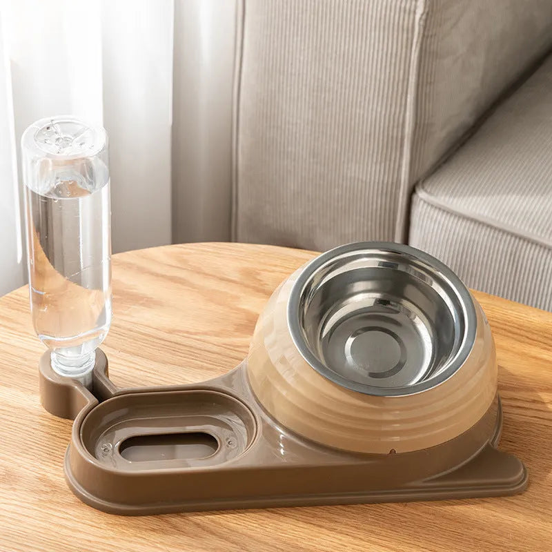 Brown cat food bowl with water dispenser bottle and elevated feeding station