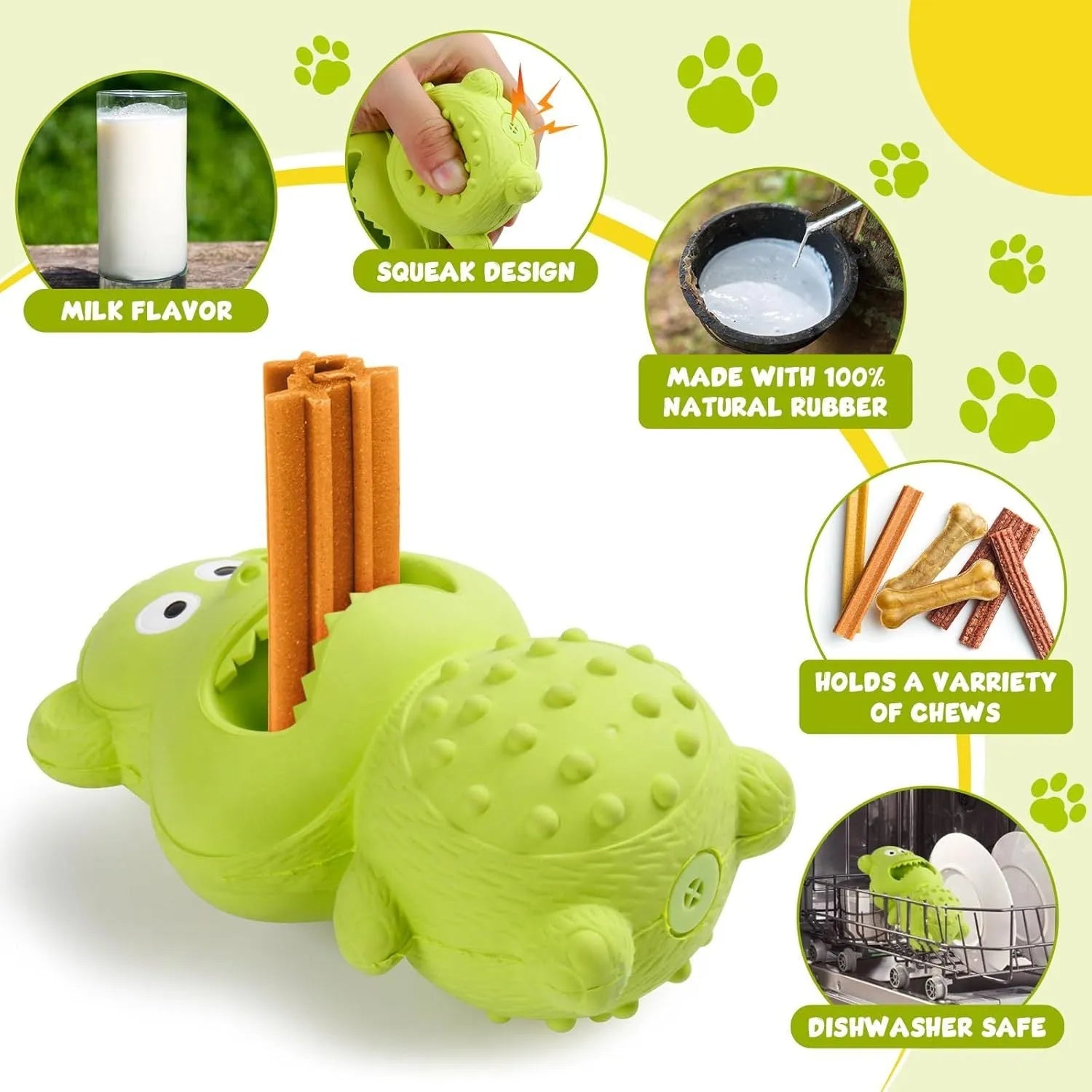 Green and yellow natural rubber squeaky dog toy for large breed aggressive chewers.