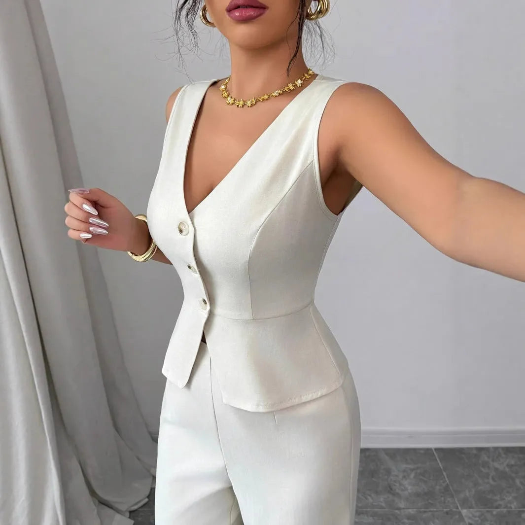 Women's solid colour sleeveless vest and high waist trousers two-piece casual set.
