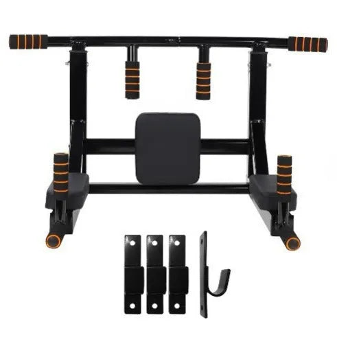 Black wall-mounted metal sandbag rack with integrated pull-up bars for fitness training