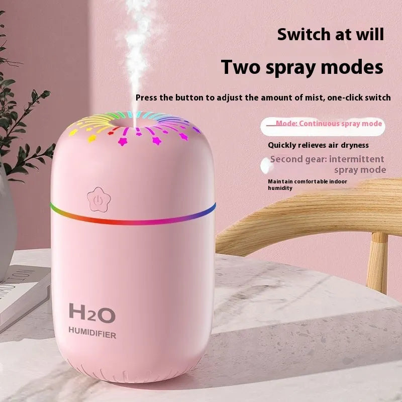 Small white USB-powered mini humidifier with water tank on a desk next to a laptop.