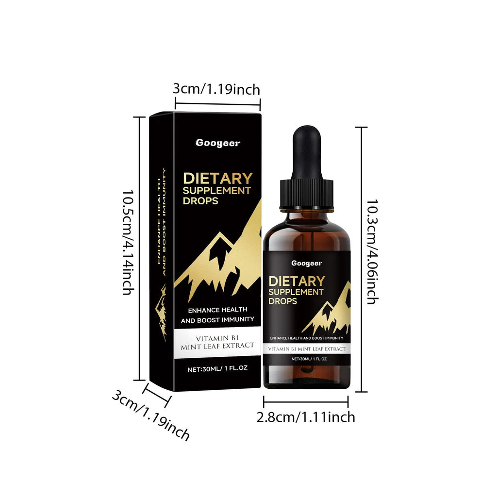 30 ml bottle of dietary supplement drops with a glass dropper on a white background.