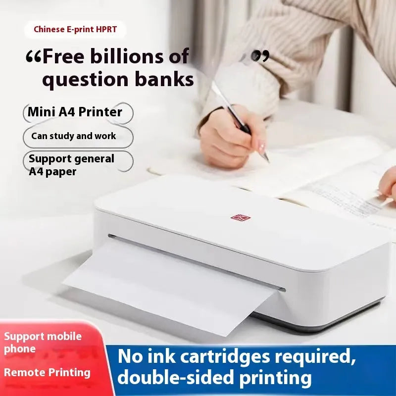 Small white plastic intelligent remote learning printer with thermal ribbon cartridge on a desk.