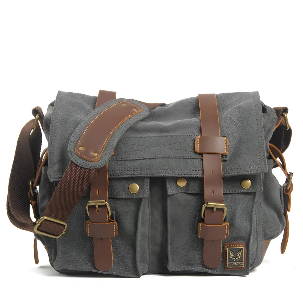 Men's 38cm wide canvas crossbody bag with cowhide trim in retro postman style