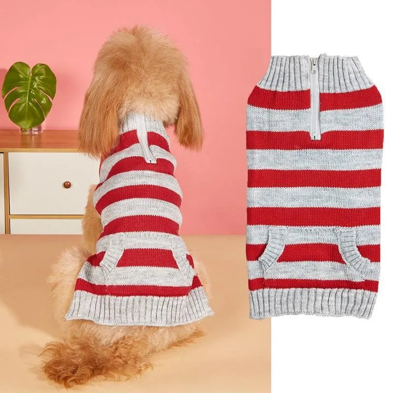 Grey dog sweater with horizontal zipper and button pocket on small breed dog