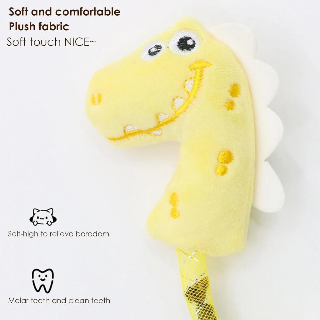 Set of four cat toys including rope, spring, and plush types in various colours