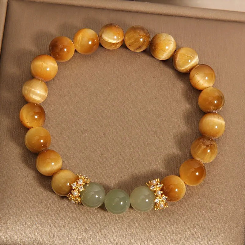 Natural yellow tiger's eye Hetian jade bracelet with gold gourd money symbol and U-shaped design