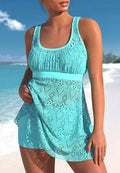 Women's conservative two-piece swimsuit set with hollow detail and solid colour design