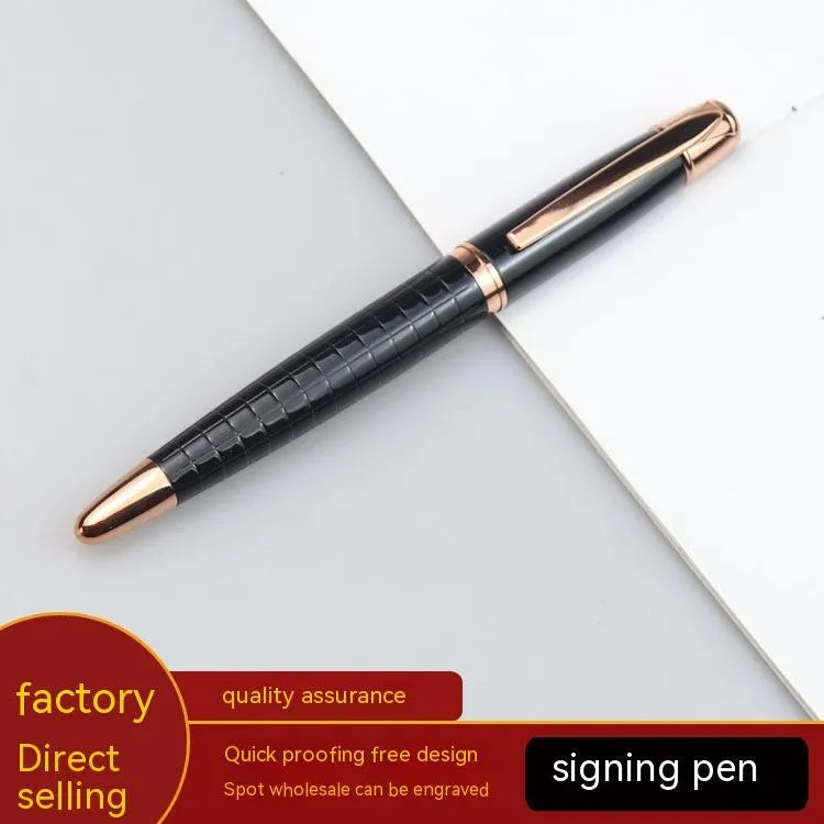 Gun gray metal roller pen showing 13.5cm length with black or blue ink refill options