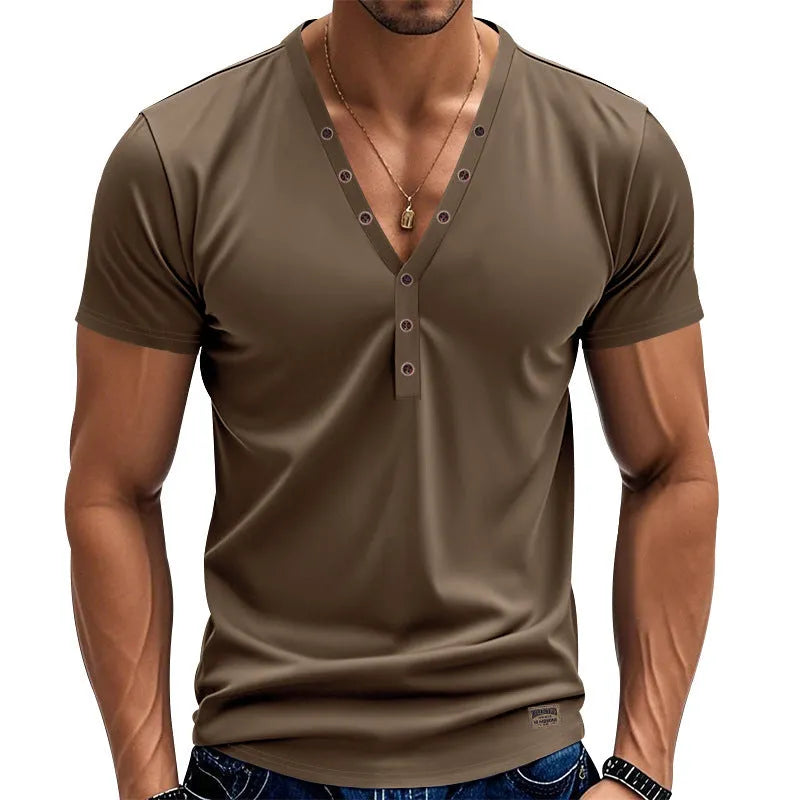 Men's loose thin V-neck button pullover top in light blue, shown in a casual setting.
