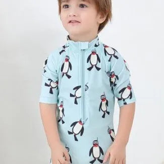 Boy's penguin print long sleeve swimsuit set with swimming cap for sun protection