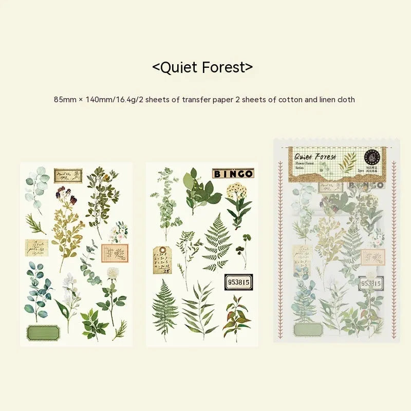 Huazhisen Series forest art sticker material pack showing printed transfer paper and cotton linen sheets