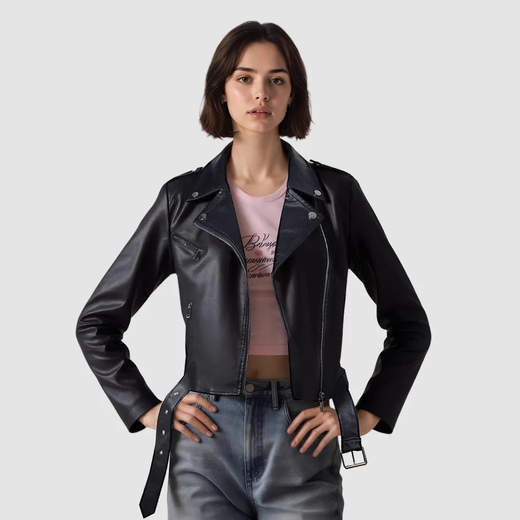 Women's black PU leather motorcycle jacket with lapel collar and waist belt