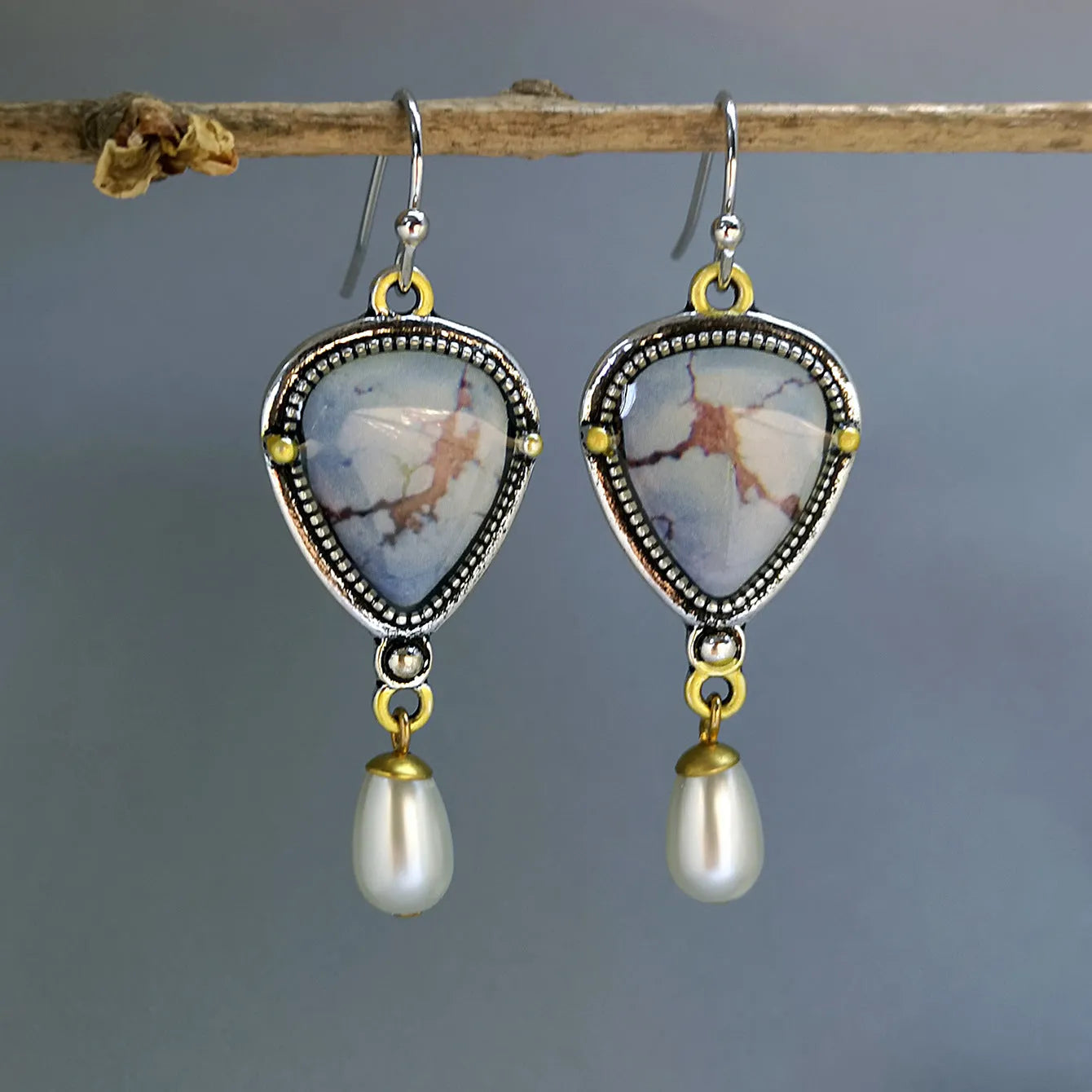 Retro blue geometric drop earrings with synthetic opal and pearl stones