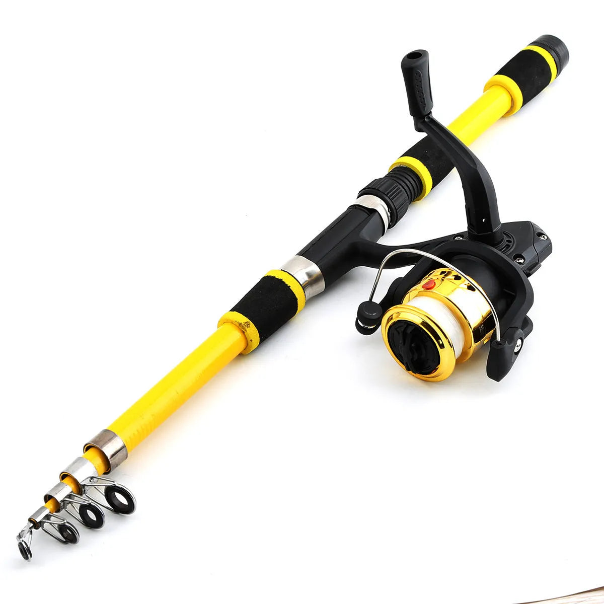 Children's fishing rod set with pole and wheel in blue, green, red or yellow colours with accessory box
