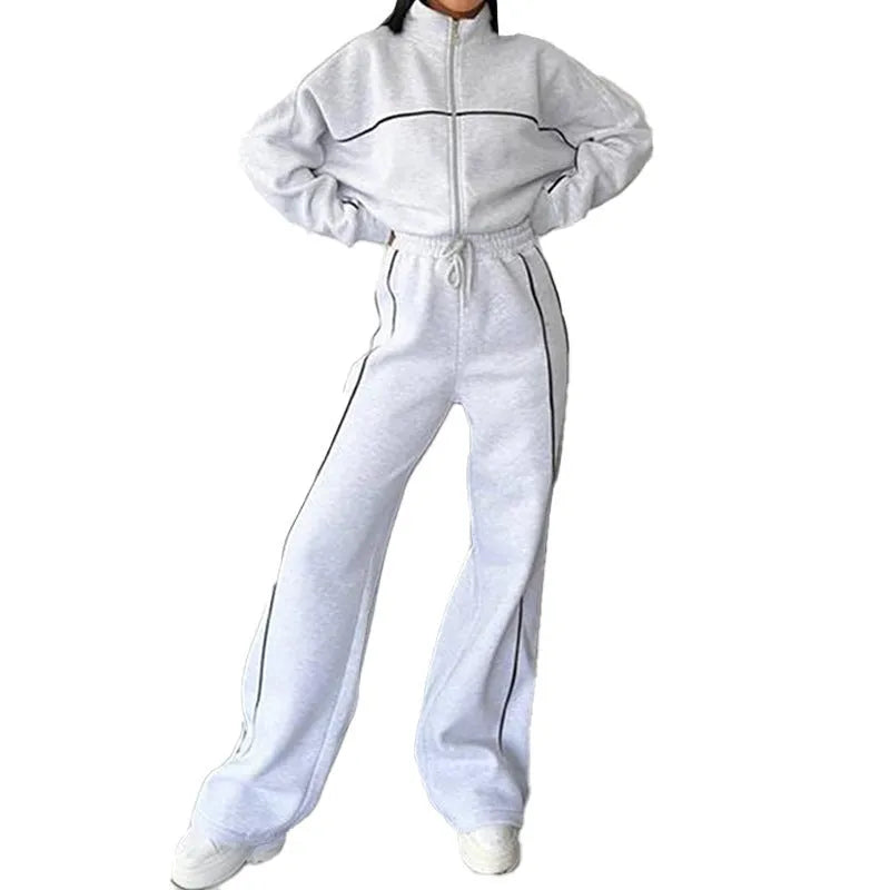 Casual suit set with mock neck hoodie and striped lace-up trousers in polyester fabric