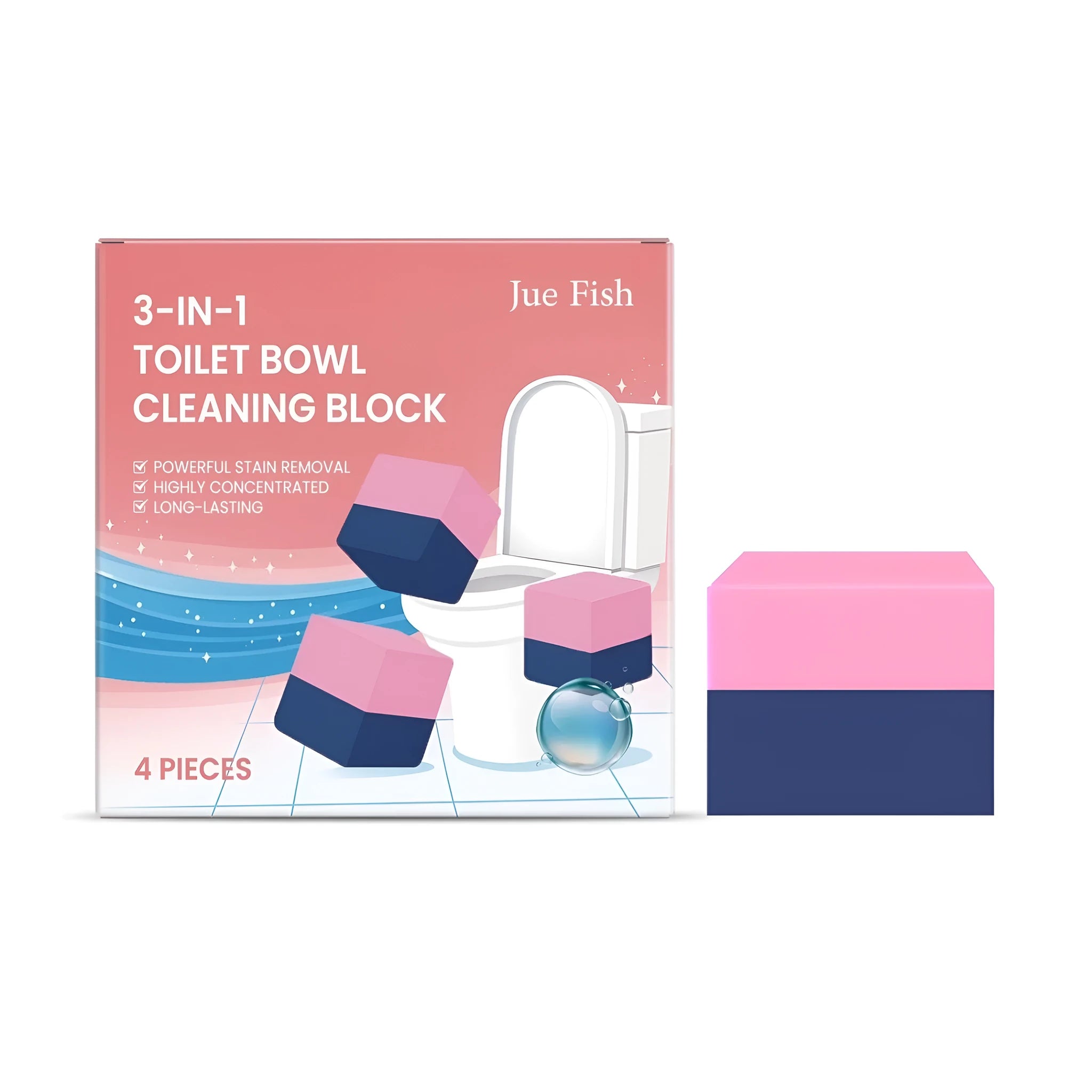 Pack of four individually sealed three-in-one toilet cleaning blocks on a white background.