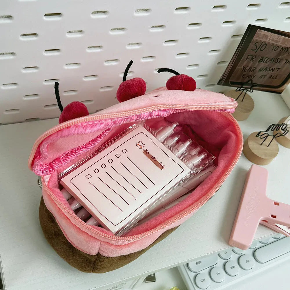 Cherry Cake plush design velvet pencil case with zip closure, Korean style