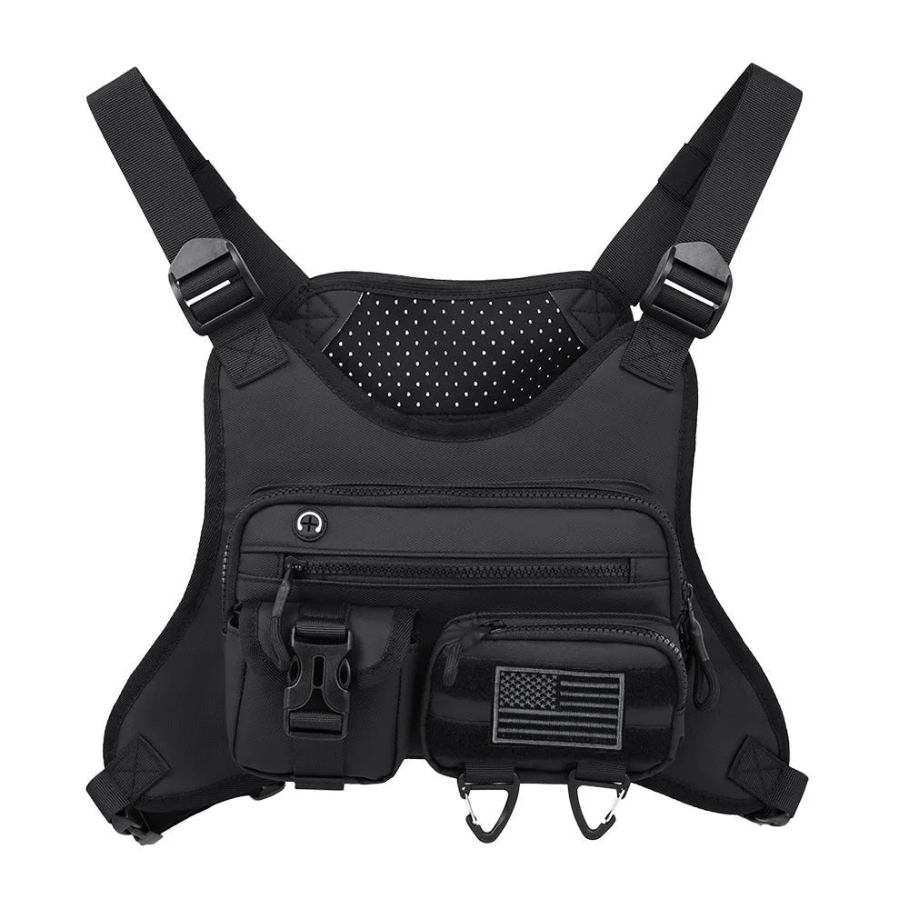 Men's black oxford cloth chest bag designed as a riding vest with visible sewing lines.