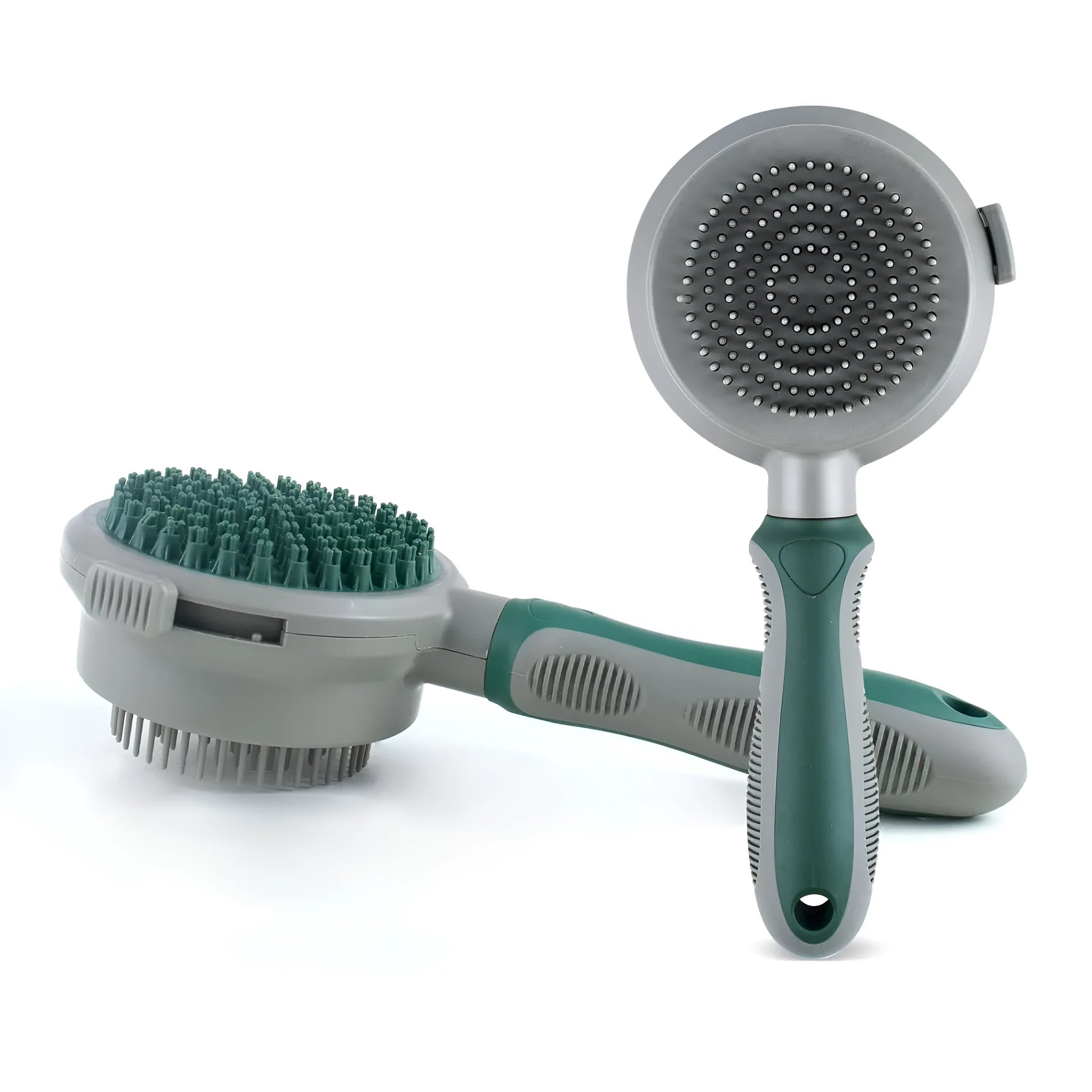 Green and pink two-sided silicone pet brush with slicker bristles and massage teeth on a white background