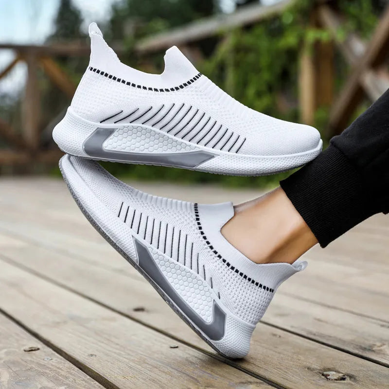 Men's mesh slip-on sneakers with striped design and flyknit upper in three colour options