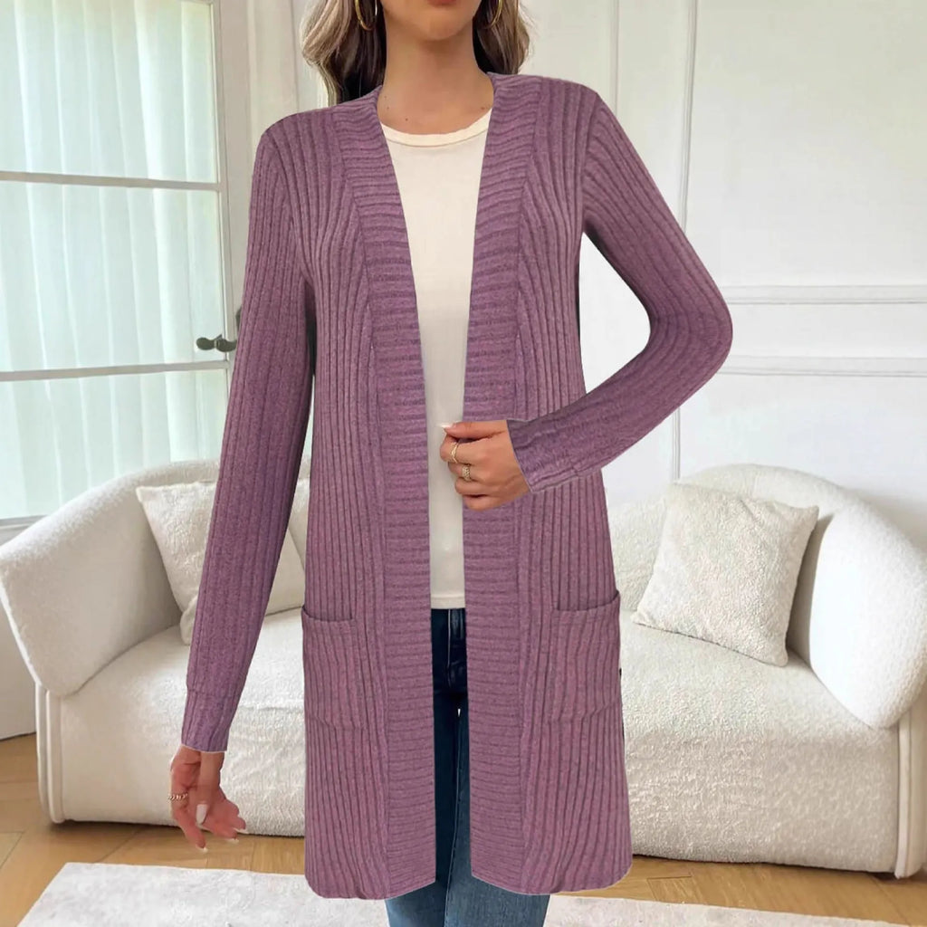 A loose-fit long sleeve knitted cardigan jacket in grey with front pockets.