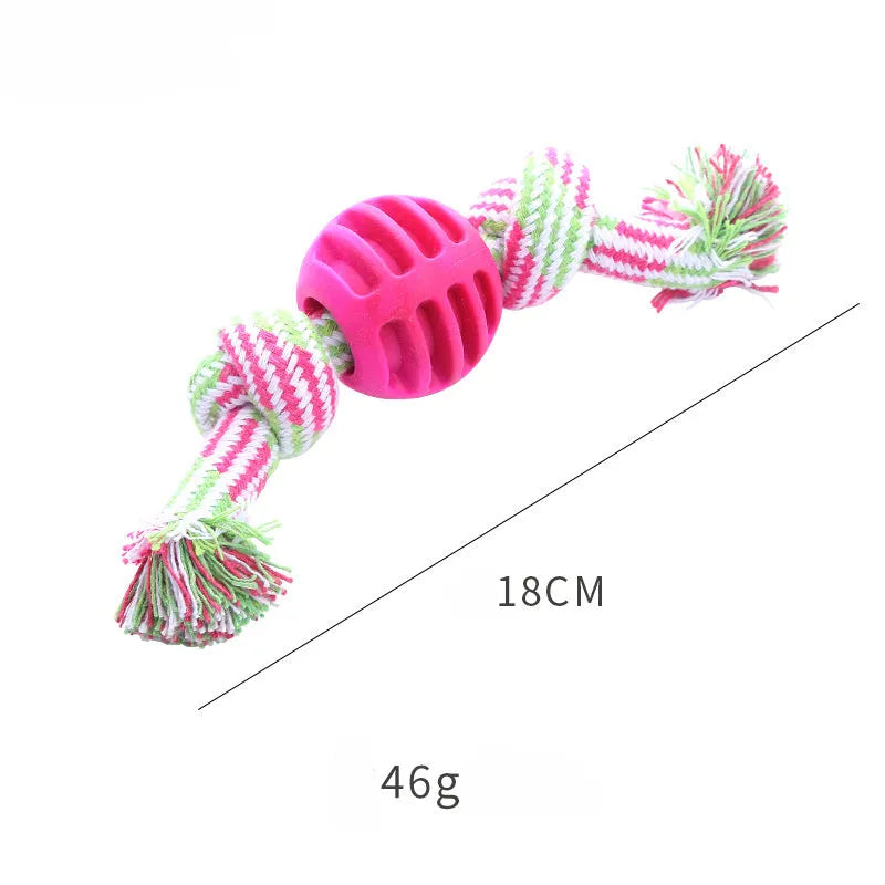 Blue soft dog chew toy with molar-shaped textured head and integrated knotted rope for dental care.