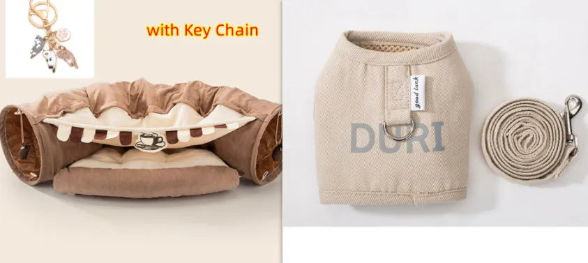 Collapsible cloth cat tunnel folded and unfolded showing Bar, Coffee, Matcha, Pink colour options