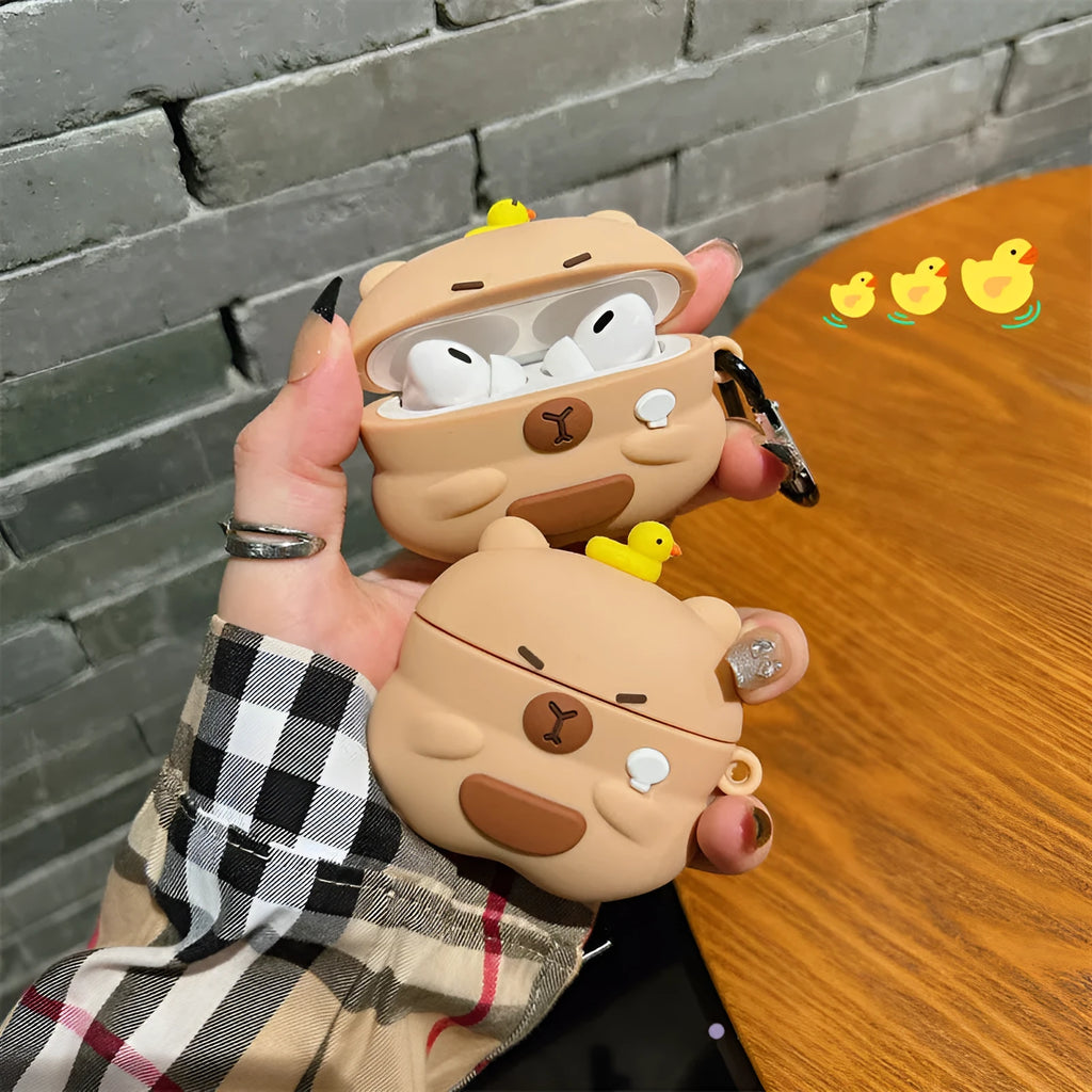 Silicone AirPods cover with overhead duck capybara design in soft shell cartoon style