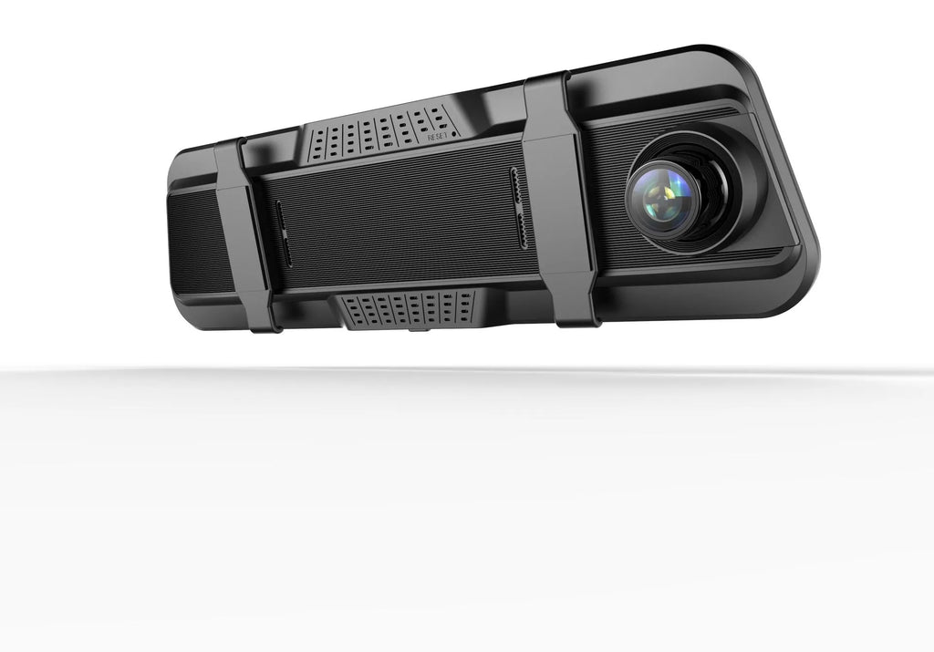A black dual-lens dashboard camera with a large touchscreen display mounted on a car windshield.