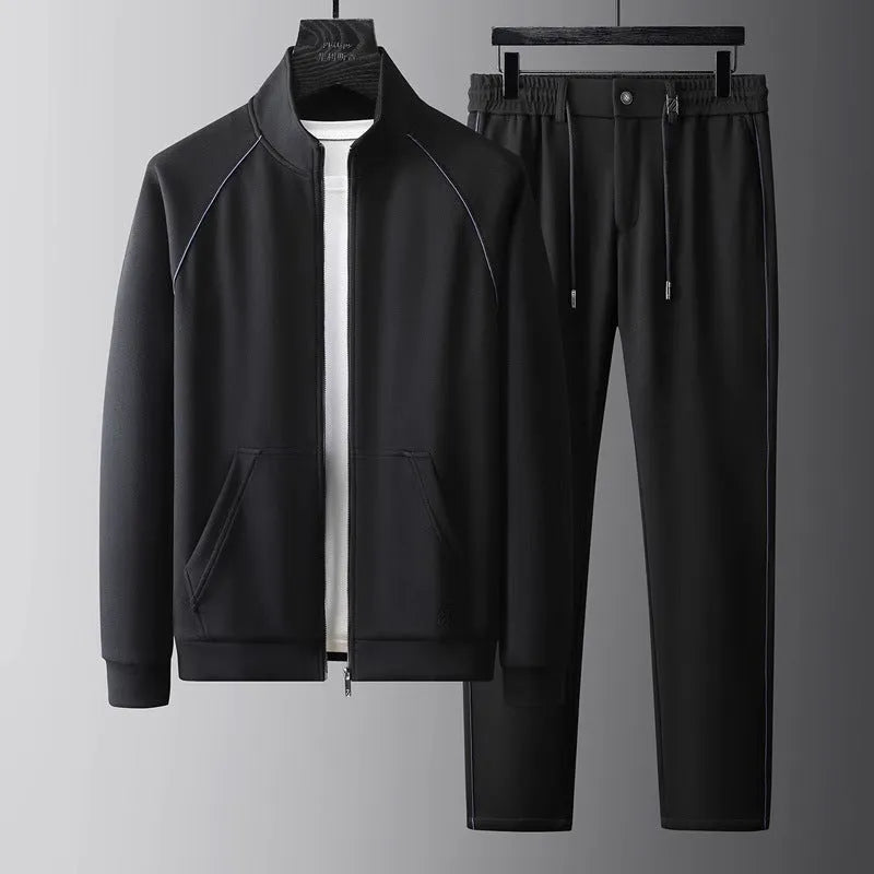 Stand collar sports suit set with slim fit in polyvinyl alcohol fibre fabric, shown in coffee colour