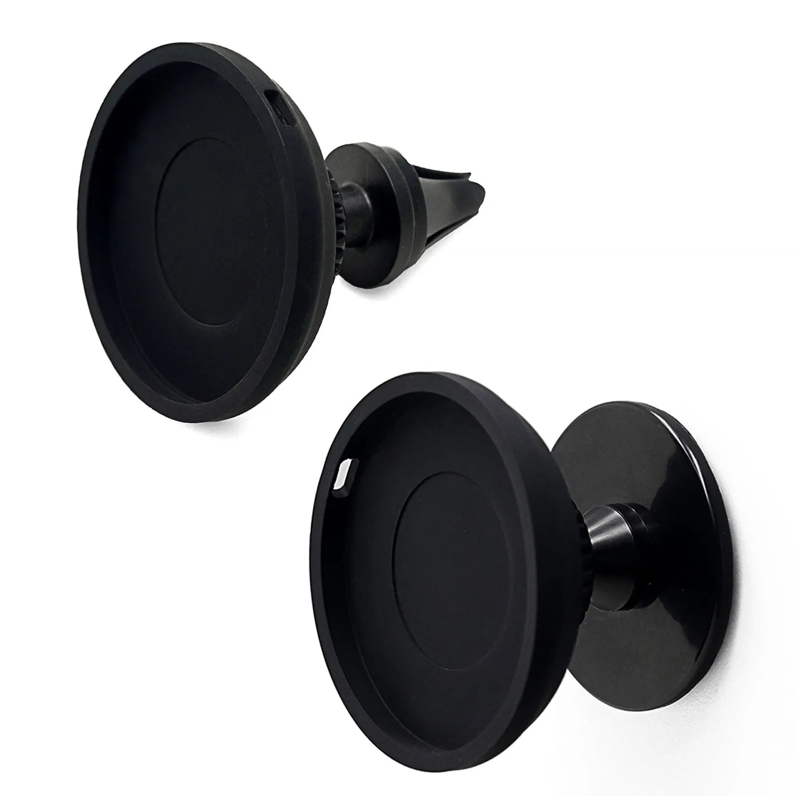 Black plastic magnetic car phone holder shown as an air vent mount and a dashboard base mount.