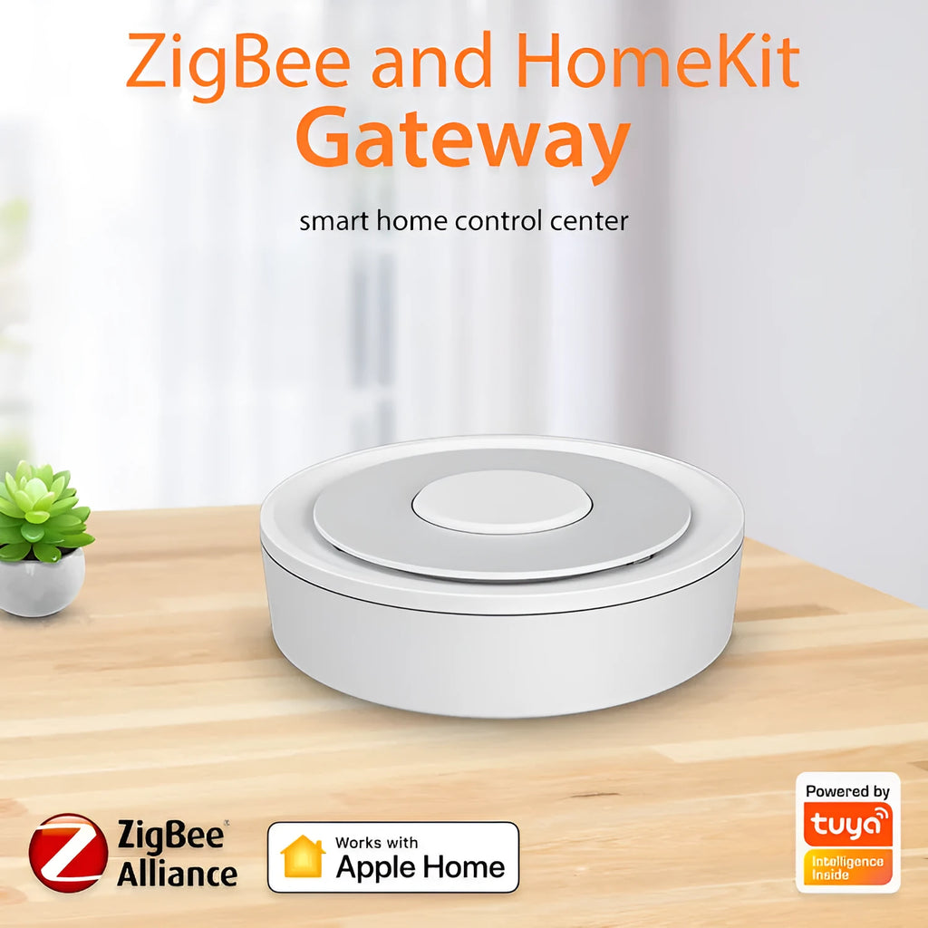 White square ZigBee smart home gateway measuring 78mm with USB power connection