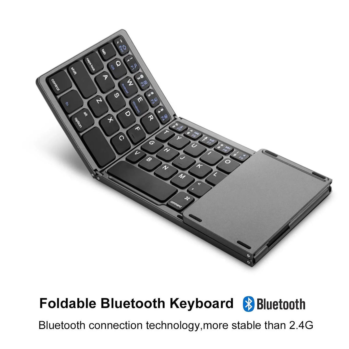 Black tri-fold Bluetooth keyboard shown unfolded with ultra-thin profile beside silver folded version