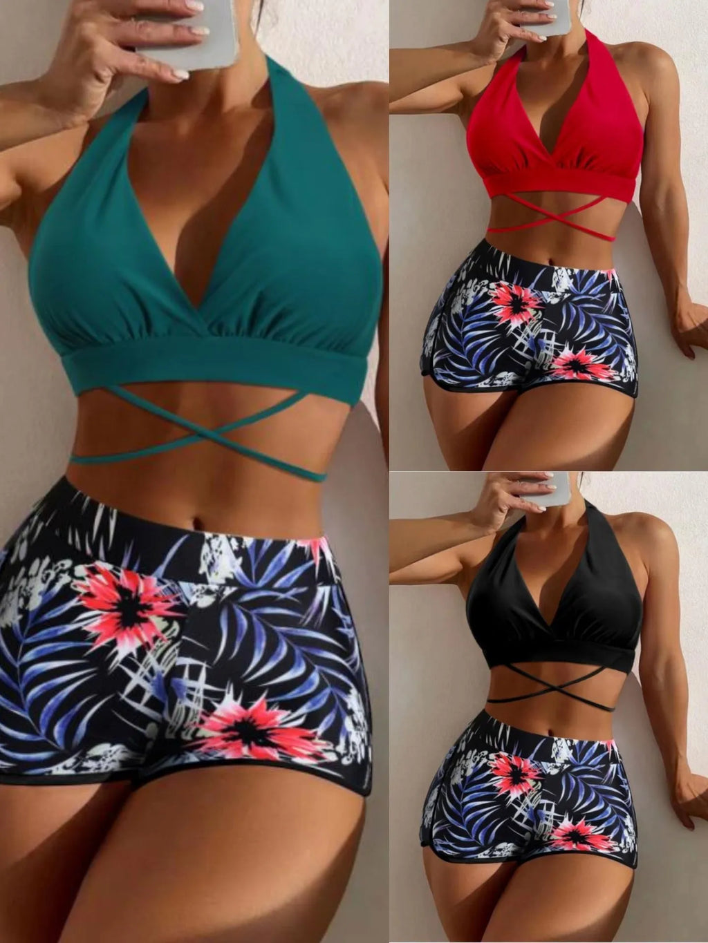 High waist split bikini in nylon with polyester lining, shown in peacock green, red, or black, sizes S to XL
