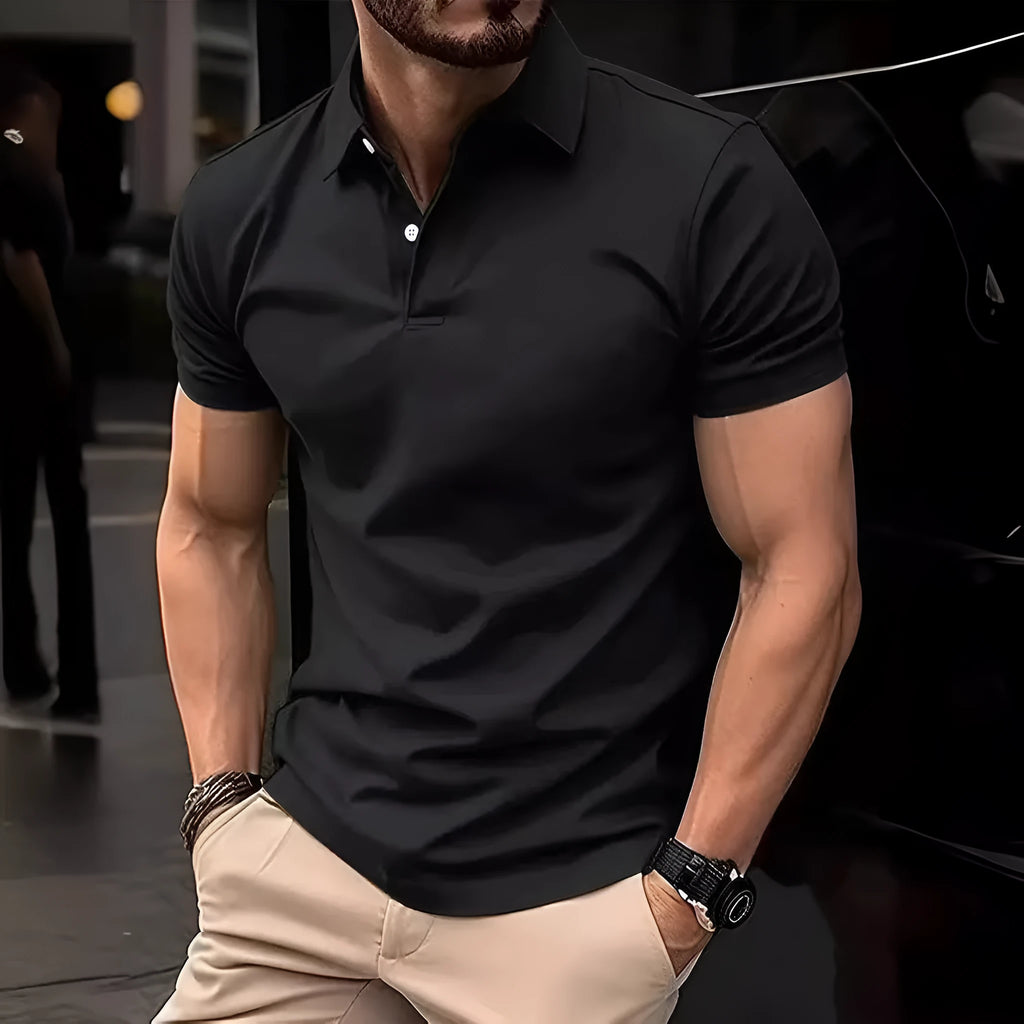 Men's slim fit solid colour short sleeve button shirt on a hanger