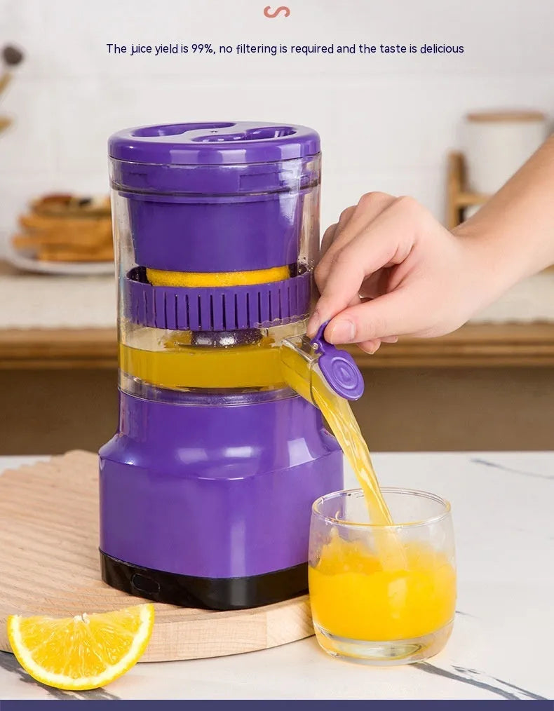 Purple USB rechargeable electric citrus juicer with cone and pulp filter, 2400mAh dual battery, 400ml capacity