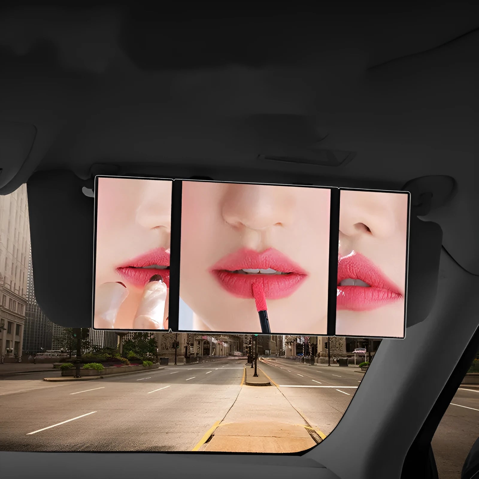 Silver folding car makeup mirror shown closed at 15.5 cm wide, suitable for mounting on a car visor.