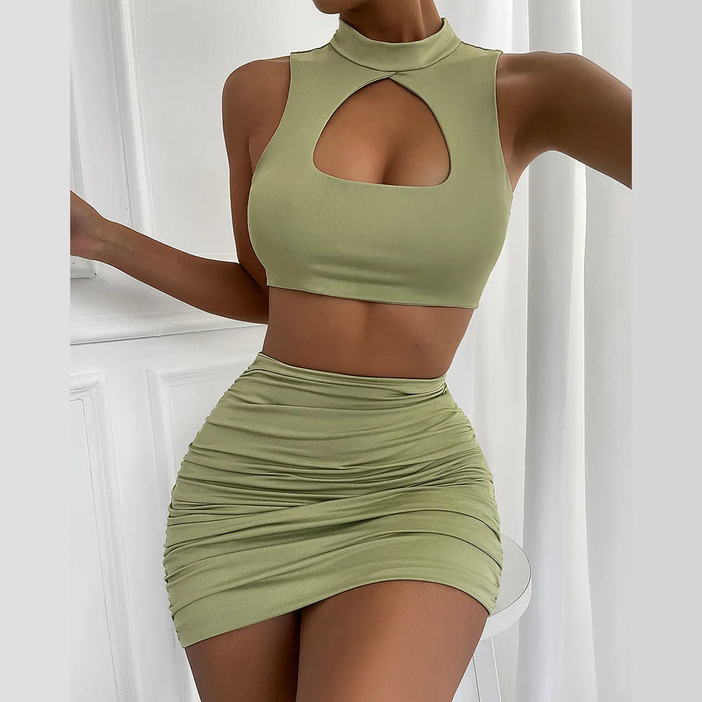 Women's light purple summer two-piece set with hollow vest top and split skirt
